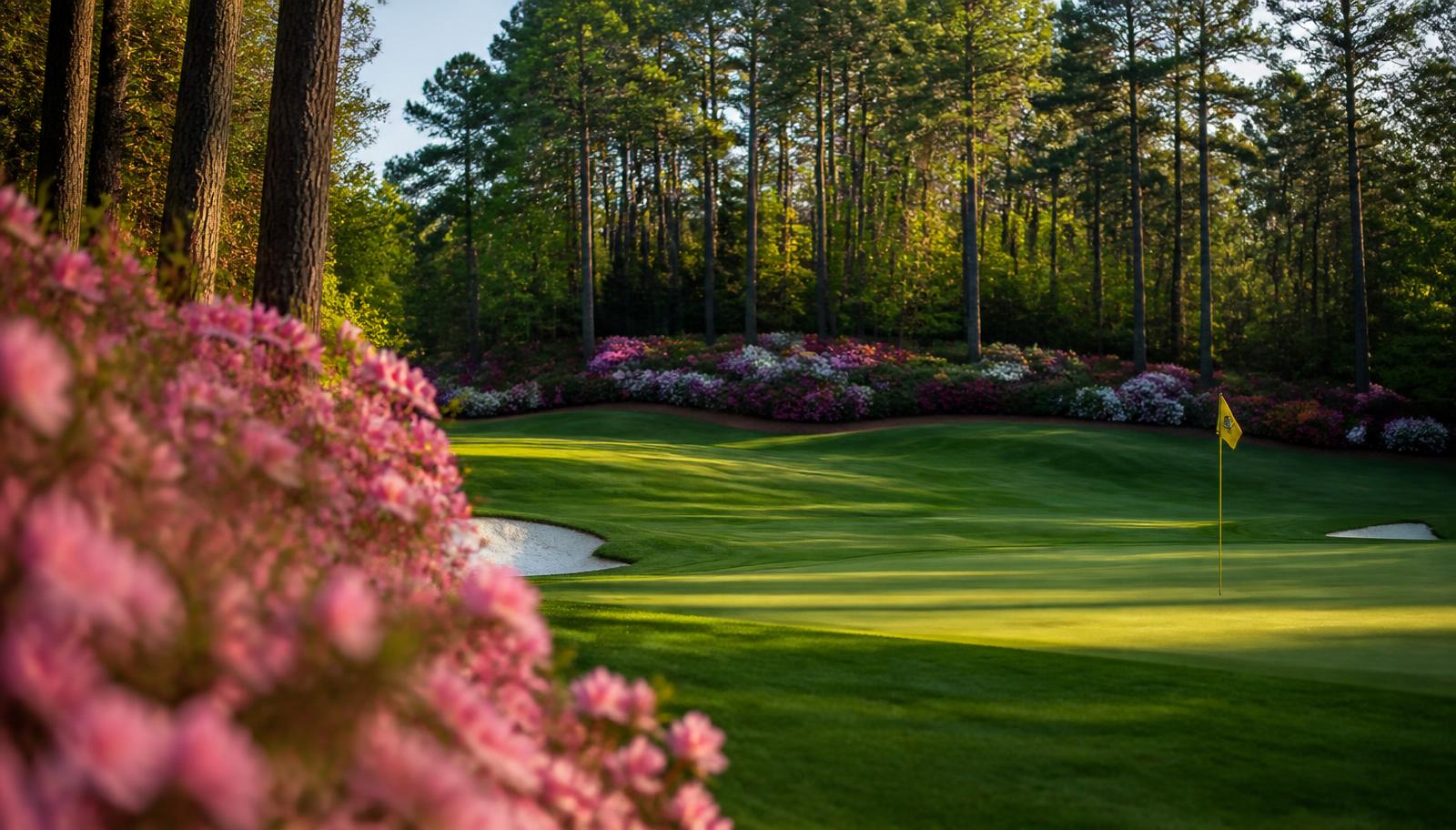 Azaleas beside a manicured green at Augusta